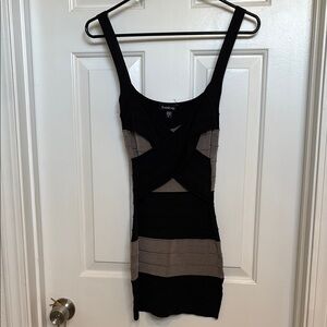 Bebe Black and Gray Stripe Bandage Dress